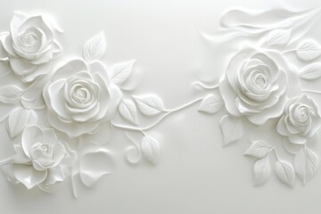 Elegant 3D white rose composition on soft background ideal for wedding banners and romantic branding