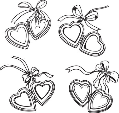 set of vector hearts, Set of vintage locket in heart shape, A Symbol of Love and Memories.
