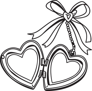 vector illustration of a heart, Outline drawing heart locket line clipart symbol, Vector art of two heart shaped locket with a bow
