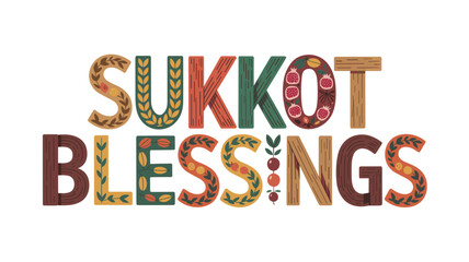 Naklejka premium Colorful text art spelling Sukkot blessings with decorative elements 