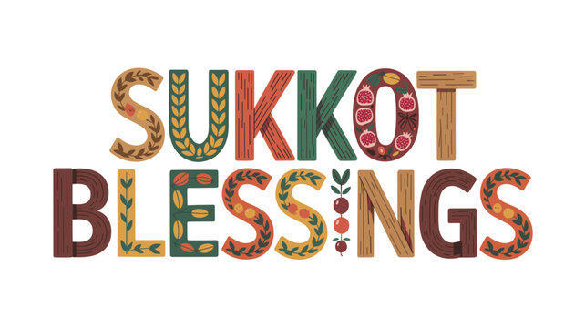Colorful text art spelling Sukkot blessings with decorative elements  