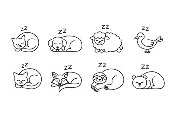 Cute sleeping animals doodle icon set for bedtime and relaxation themes