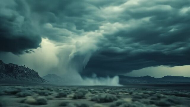 Dramatic storm clouds over barren landscape