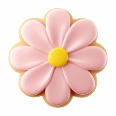 Realistic flower-shaped cookie with pink icing petals and yellow center, isolated on transparent background