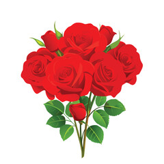 Vector illustration Red rose bouquet with green leaves and buds on white background