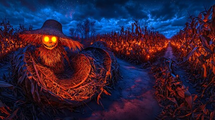 Spooky scarecrow with straw hat in deserted cornfield glowing under night sky