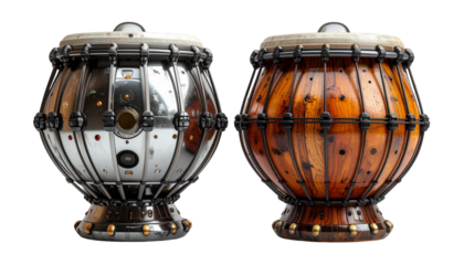 Hybrid smart tabla featuring steel and wooden textures, isolated on transparent background