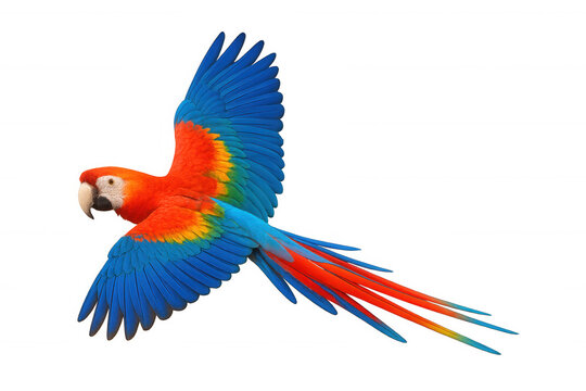 Scarlet macaw flying, spreading colorful wings, tropical parrot bird in flight, transparent background template