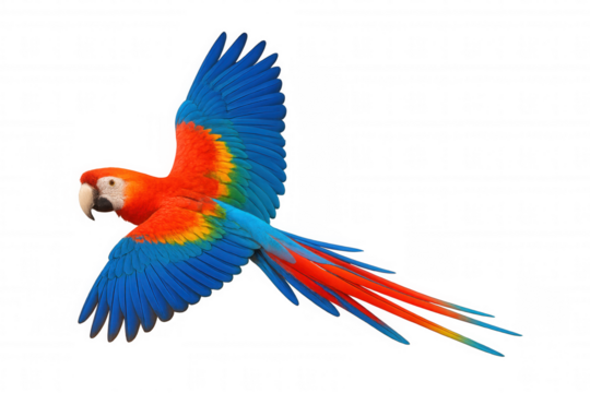 Scarlet macaw flying, spreading colorful wings, tropical parrot bird in flight, transparent background template