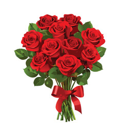 Vector illustration A bouquet of red roses with green leaves tied with a red ribbon