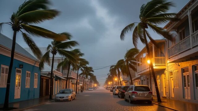 Hurricane winds thrashing palm trees on a town street. Severe tropical storm with heavy rain at night. Extreme weather and natural disaster concept