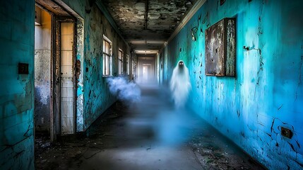 Phantom-like ghost drifting in hallway of dark abandoned house with eerie fog