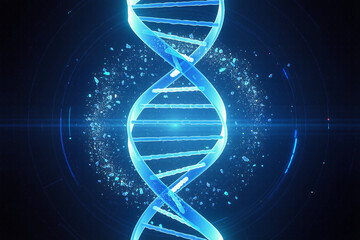 Ultra-realistic 8K 3D render of a glowing blue DNA double helix structure with futuristic light particles