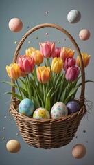 a basket full of easter eggs and tulips floating in zero gravity