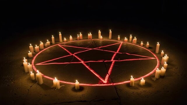 A glowing red pentagram symbol surrounded by flickering candles. An occult circle on a dark floor for a satanic ritual. Witchcraft and magic concept
