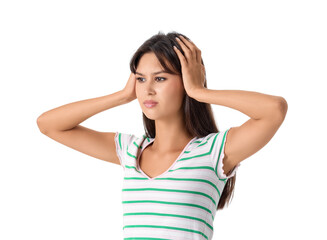Fototapeta premium Thoughtful young woman on white background