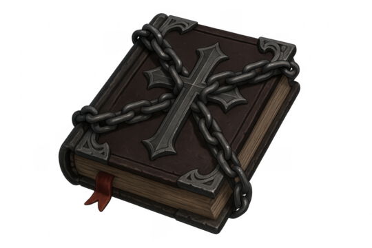 Dark book with cross and chain, transparent background