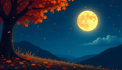 floating fall night scene with glowing moon