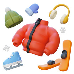 cartoon style winter clothes 3D graphic Winter Gear Collection Puffer Jacket, Snowboard, Skates, Earmuffs, Hat, and Mittens