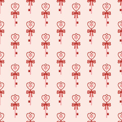 Seamless pattern of romantic pink heart keys with red bows. Valentine's Day vector background