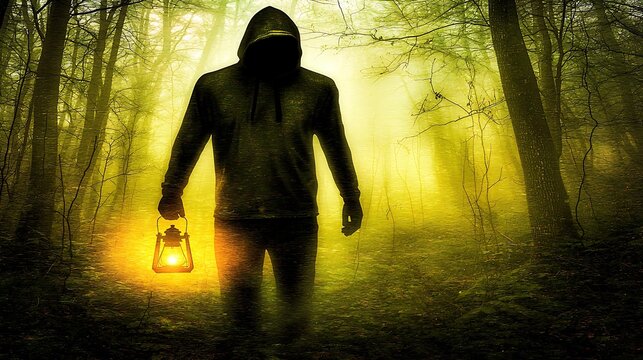 Hooded figure cloaked in shadow carrying lantern glowing faintly in foggy forest