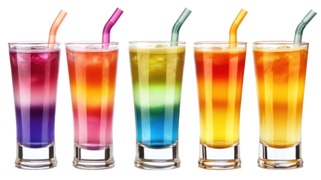 Five colorful layered cocktails with straws isolated on transparent background