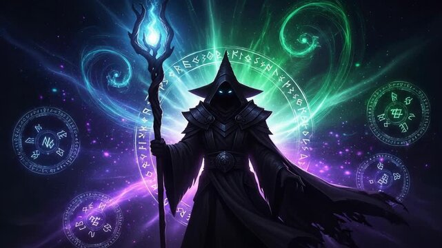 A powerful dark sorcerer holding a glowing magic staff. Fantasy wizard character in a cosmic scene with arcane runes. Epic magical concept animation