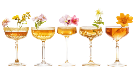 Five elegant cocktail glasses with flowers isolated on transparent background