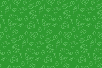 Linear doodle leaves green seamless pattern. Ecological background. Packaging design, paper. Recycling, environmental awareness. Vector illustration.