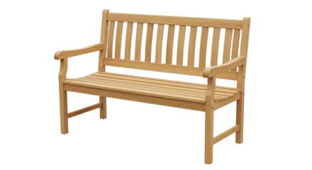 A wooden park bench isolated with a transparent background. Great for graphic design, compositing, and adding a natural touch to digital projects. Empty and ready for use.