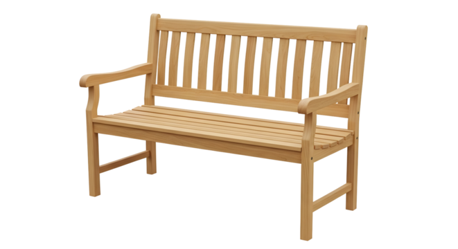 A wooden park bench isolated with a transparent background. Great for graphic design, compositing, and adding a natural touch to digital projects. Empty and ready for use.