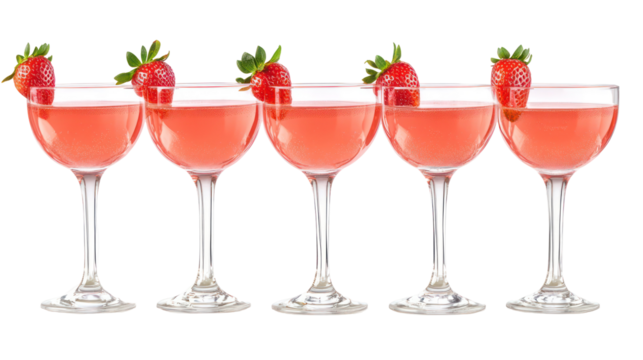 Five pink cocktails with strawberry garnish isolated on transparent background - Powered by Adobe