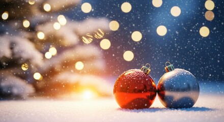 Festive Christmas ornaments in snowy scene with twinkling holiday lights