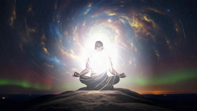 Silhouette of a person meditating against a swirling galaxy. Glowing spiritual energy emanates from the body in a yoga pose. Consciousness and universal connection concept