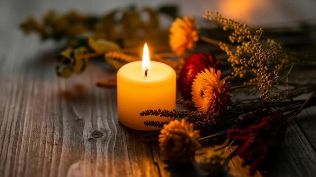 A single candle with a flickering flame surrounded by autumn flowers. Close-up cinemagraph on a rustic wooden table. Remembrance and memorial concept