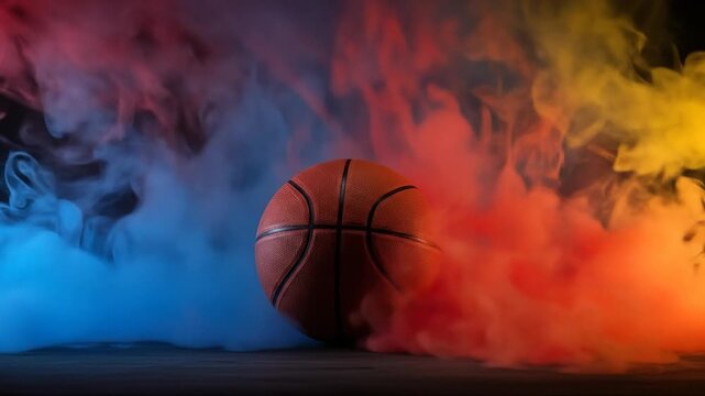 Basketball on dark surface surrounded by colorful smoke background