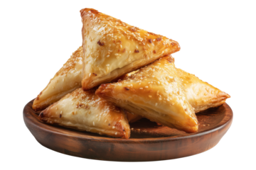 Briouat triangular fruit filled pastries, phyllo pastries filled with meat or almonds isolated on white transparent background, concept of Arabic sweet baked desserts