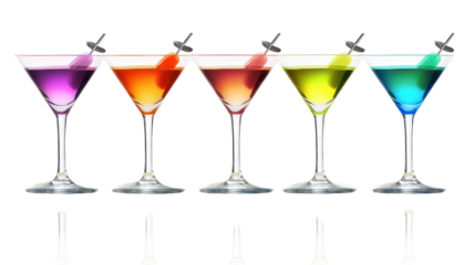 Five colorful cocktails in martini glasses isolated on transparent background