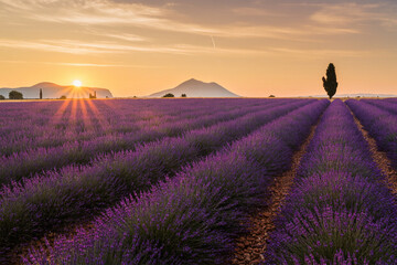Ultra-detailed 8K wide-angle view of a blooming lavender field at sunset, with purple flowers stretching to the horizon