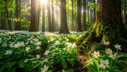Sunbeams pierce a forest floor blanketed in white flowers