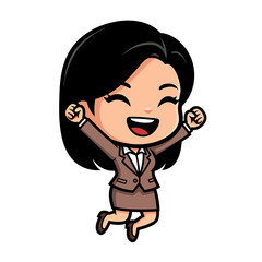 Cute cartoon businesswoman in a brown suit jumping with joy. Happy chibi character celebrating success