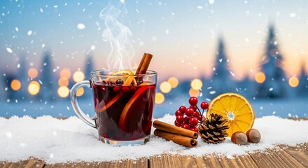 Steaming mulled wine with winter spices on snowy wooden table