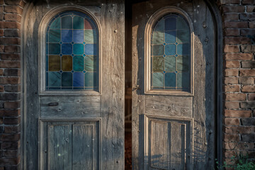 Weathered Wooden Door with Stained Glass Windows: Rustic Architectural Entrance to an Aged Brick Building, Evoking Timeless Charm and Heritage