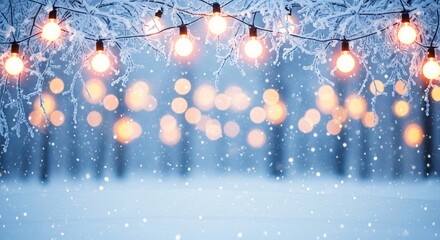 Winter wonderland with glowing lights and snow falling, creating a magical scene