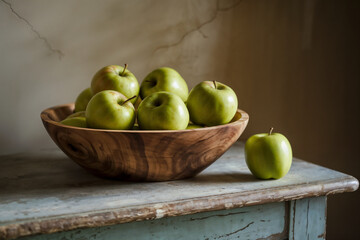 Crisp Green Apples in Rustic Wooden Bowl on Distressed Table. Fresh Fruit for Healthy Eating & Natural Kitchen Decor. Still Life Composition.