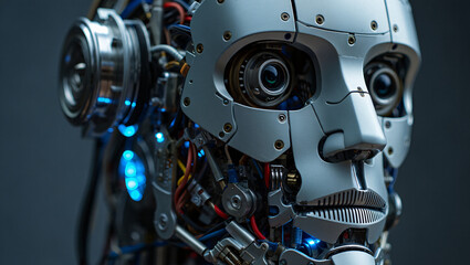 Fototapeta premium Close up of a highly detailed robotic head with exposed internal mechanisms and glowing blue lights