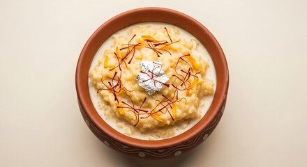 Indian rice pudding kheer with saffron and silver leaf dessert