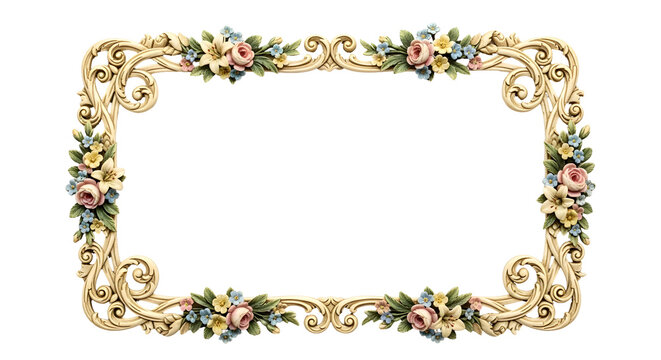 An ornate rectangular frame with a cream colored finish adorned with pink and blue floral accents is set against a transparent backdrop, offering a classic decorative element.