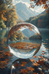 autumn leaves on water surface in crystal orb