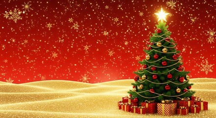 Festive Christmas tree with gifts, golden snow, and sparkling lights for holiday joy